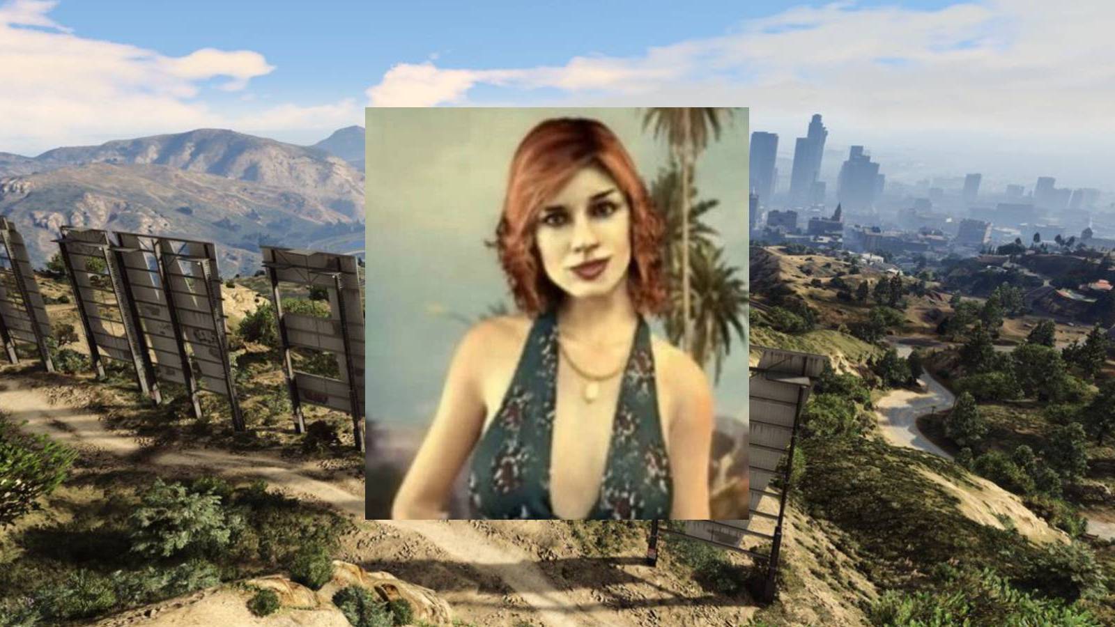 A picture of Leonora Johnson over the Vinewood Sign from Grand Theft Auto 5