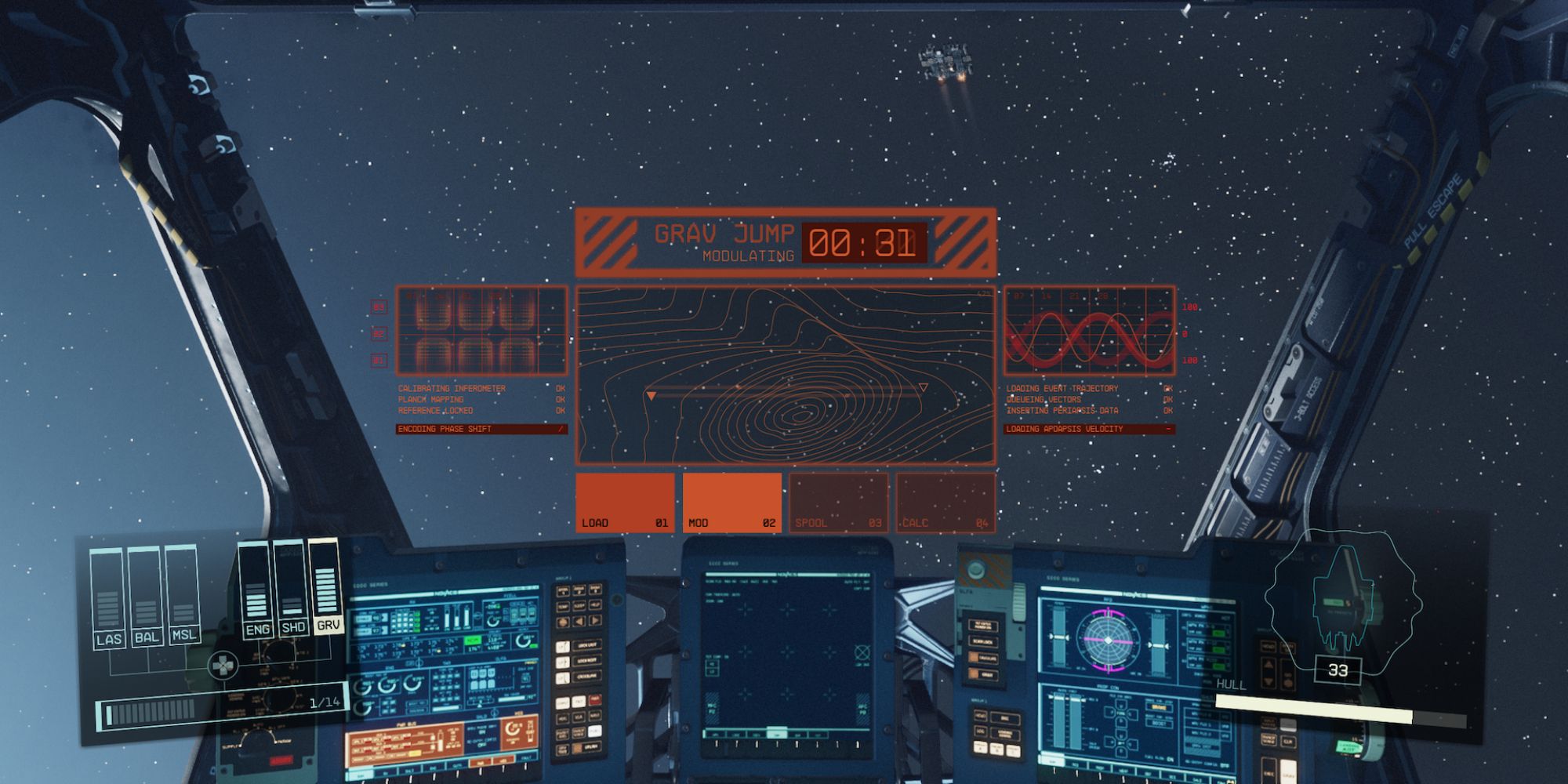 The pilot dashboard in Starfield preparing for a grav jump