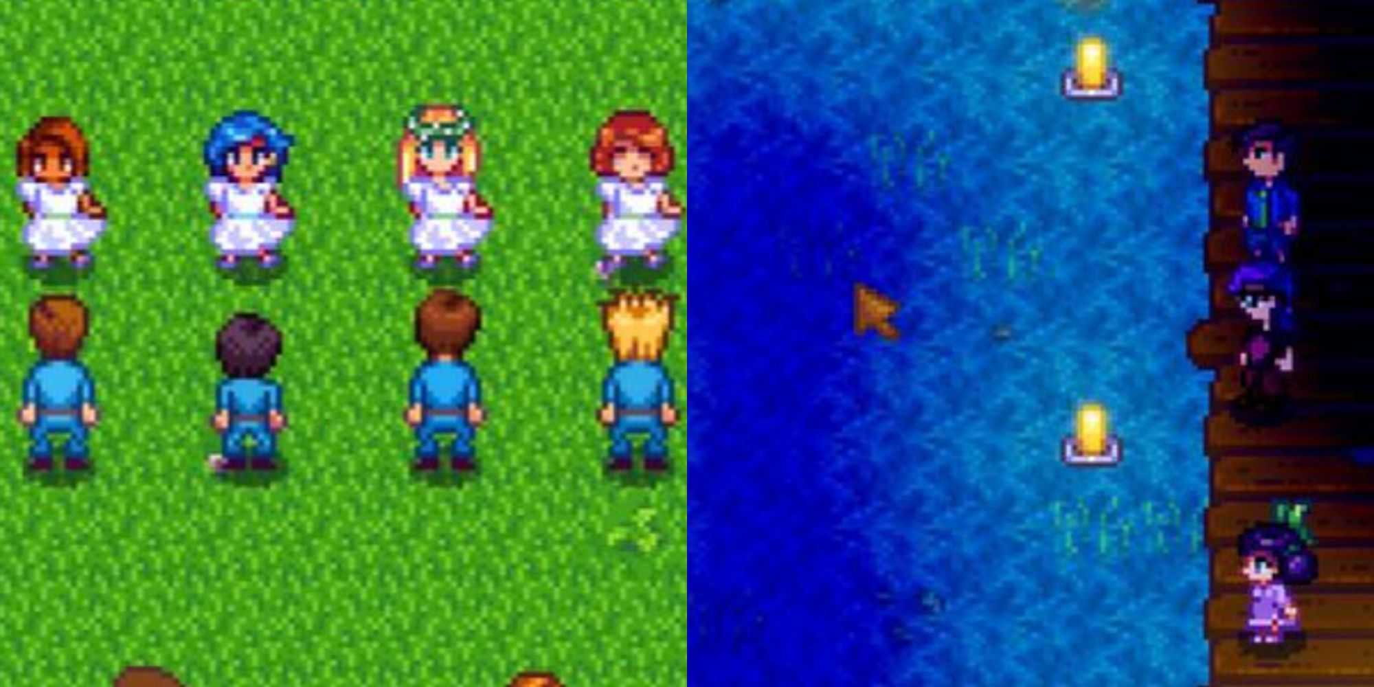 Stardew Valley characters readying for a dance, next to the Stardew Valley docks as villagers gaze out at the sea