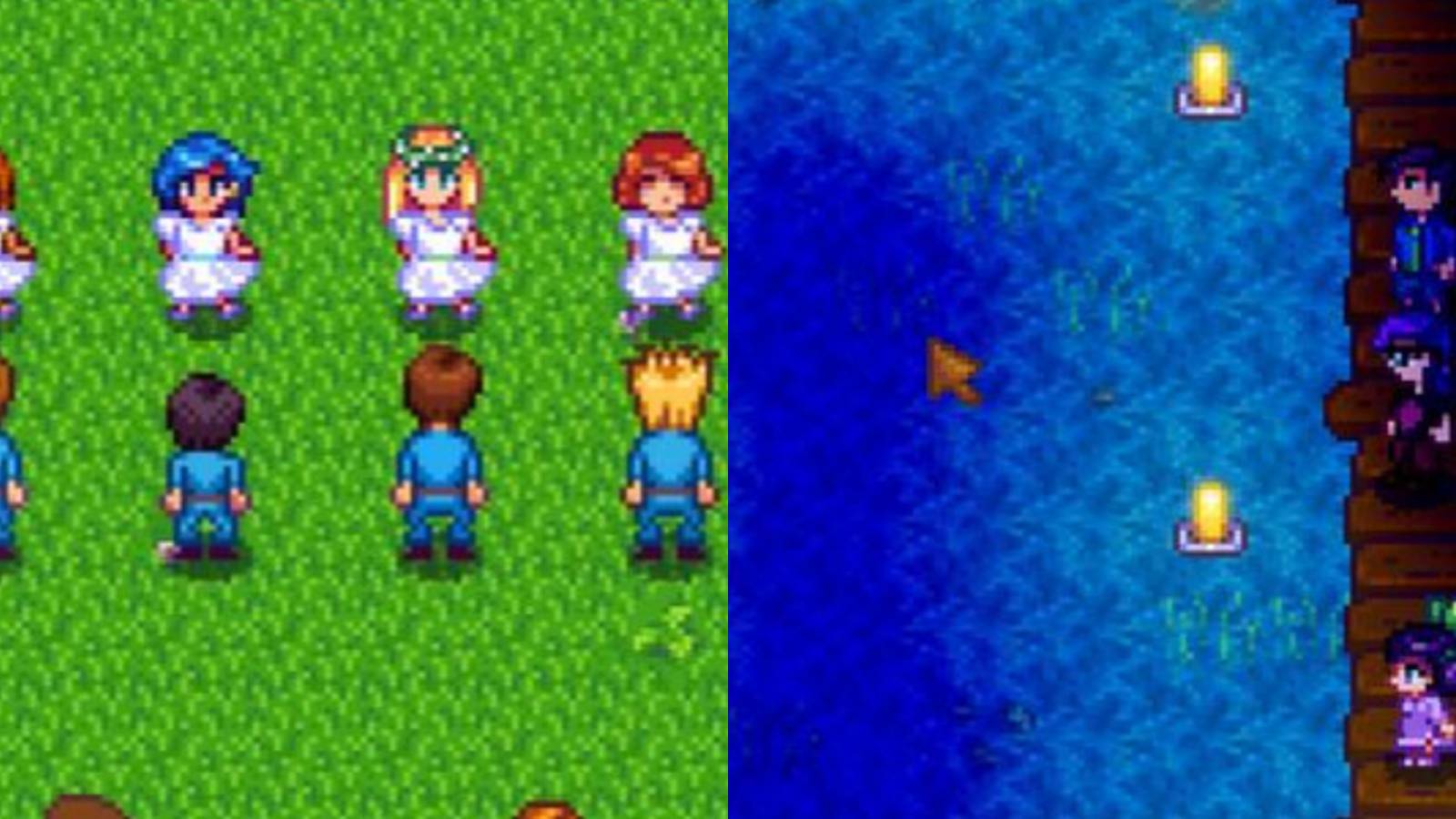 Stardew Valley characters readying for a dance, next to the Stardew Valley docks as villagers gaze out at the sea