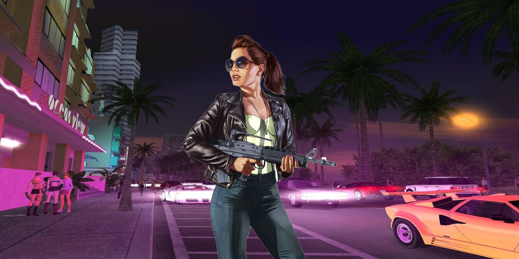 GTA 6 Lucia character art over GTA: Vice City background