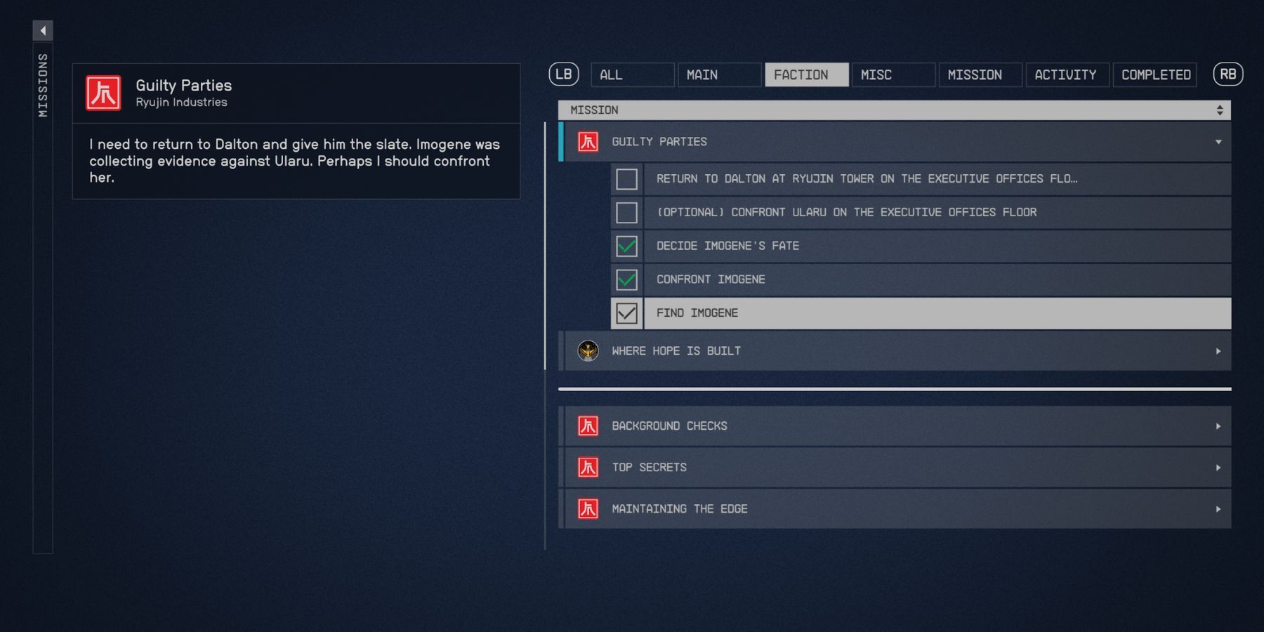 image showing all guilty parties objectives in starfield. 
