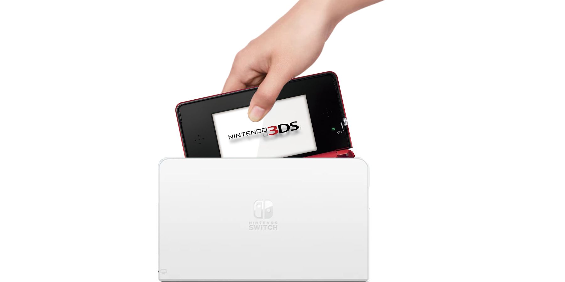 Hand inserting burgundy red Nintendo 3DS into white Switch OLED Model dock