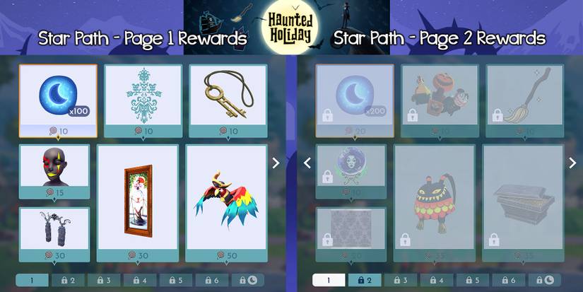 Haunted Holiday Star Path Rewards pages 1 and 2 in Disney Dreamlight Valley.