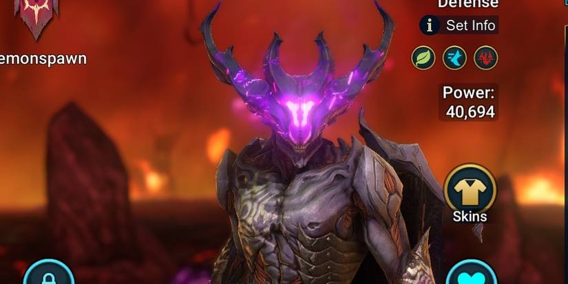 Demonspawn champion Helicath stands in a hellscape.