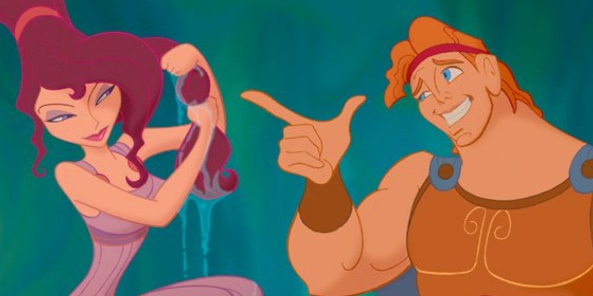 Hércules señala a Megara mientras ella se exprime el agua del cabello.