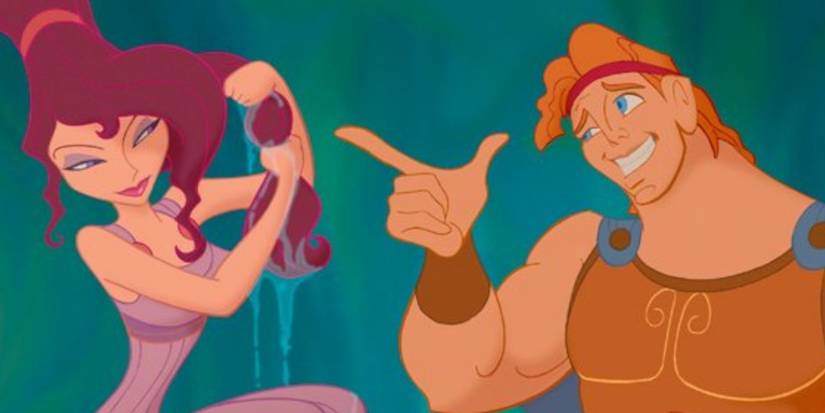 Hercules pointing at Megara while she is squeezing water off her hair