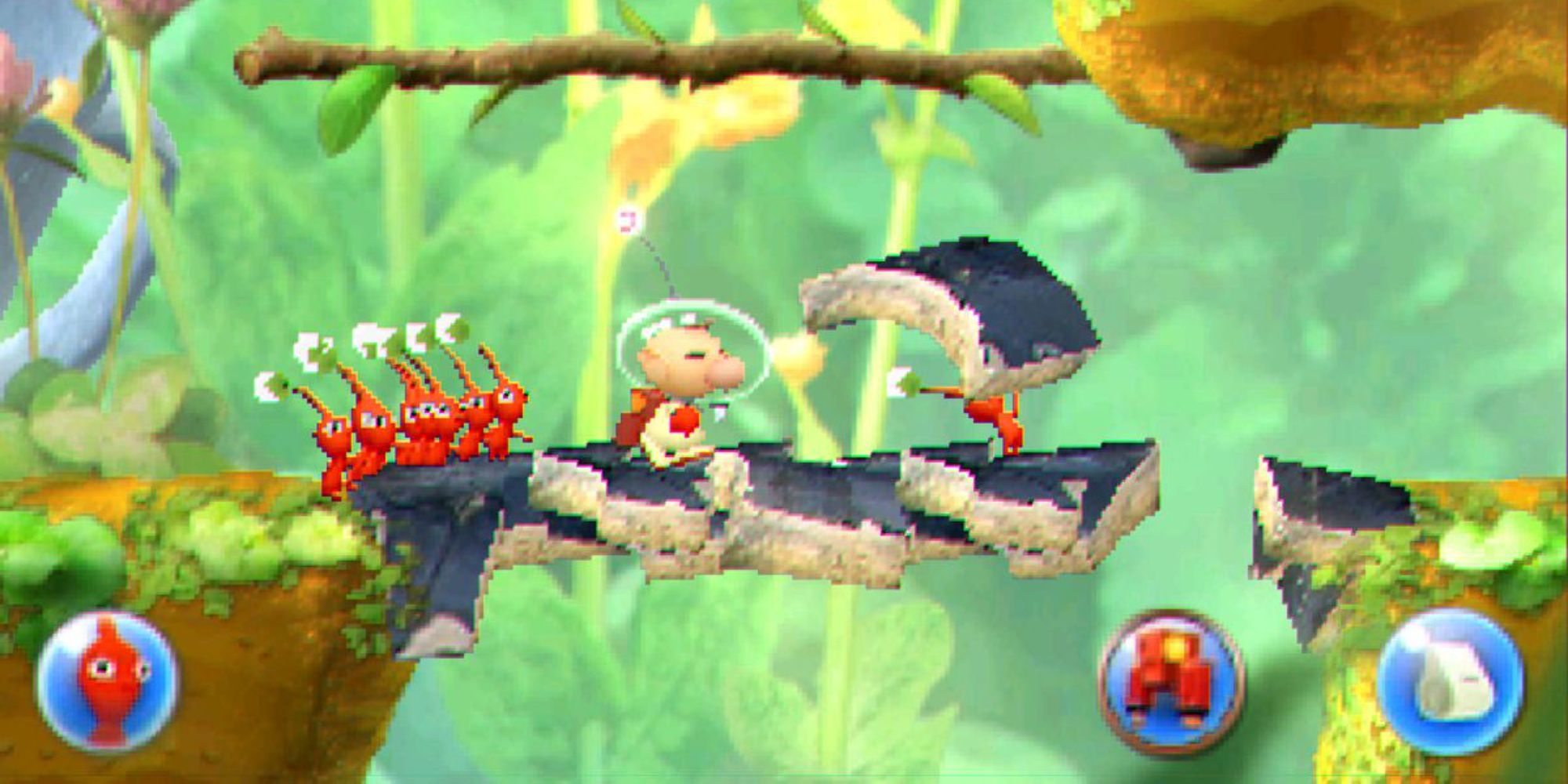 Olimar commanding Red Pikmin to build a bridge