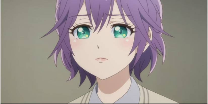 a girl with violet hair and blue-green eyes looks longingly