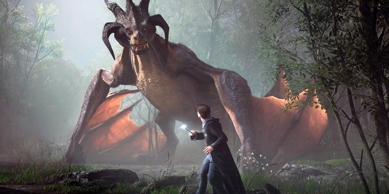 A Dragon standing in front of the character in hogwarts legacy
