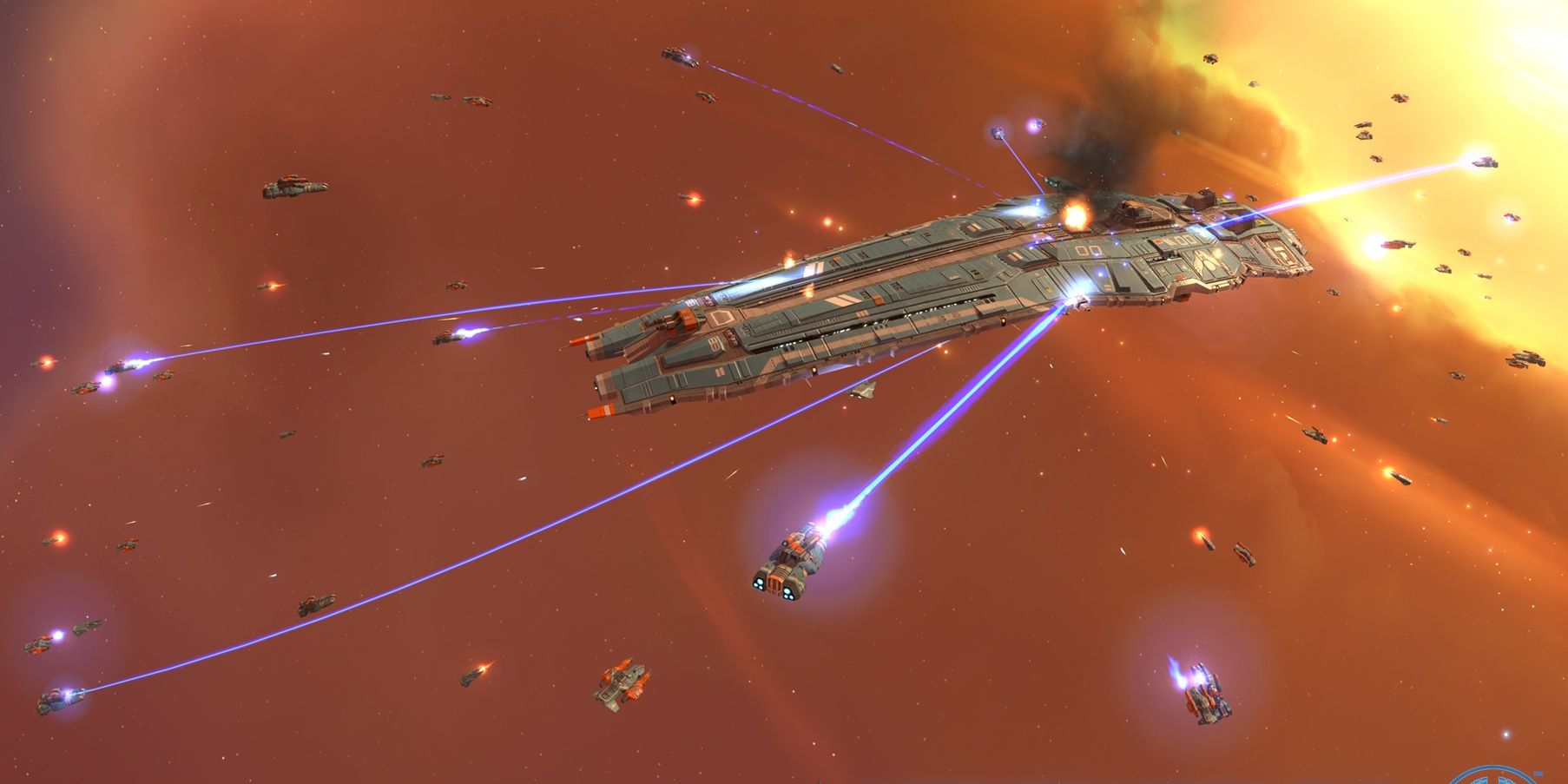 Numerous smaller spaceships fire lasers into a much larger starship