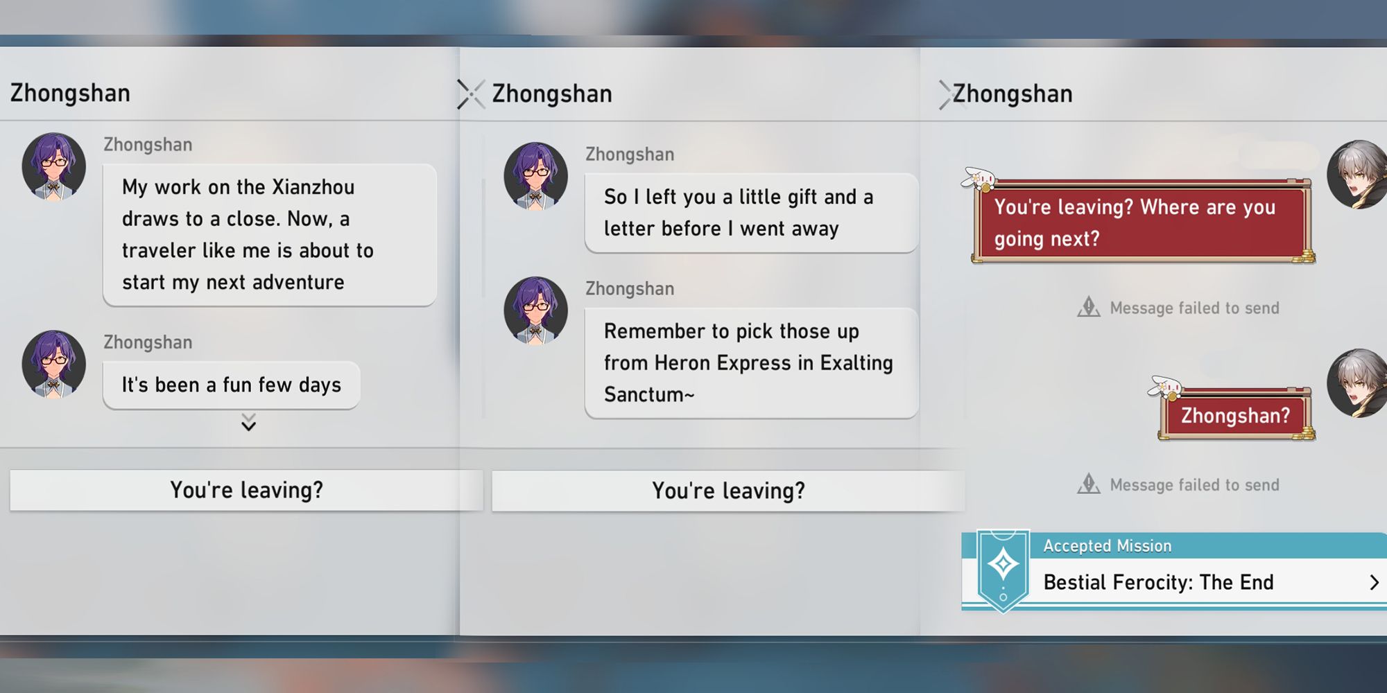 Zhongshan's final texts to the Trailblazer in Honkai Star Rail