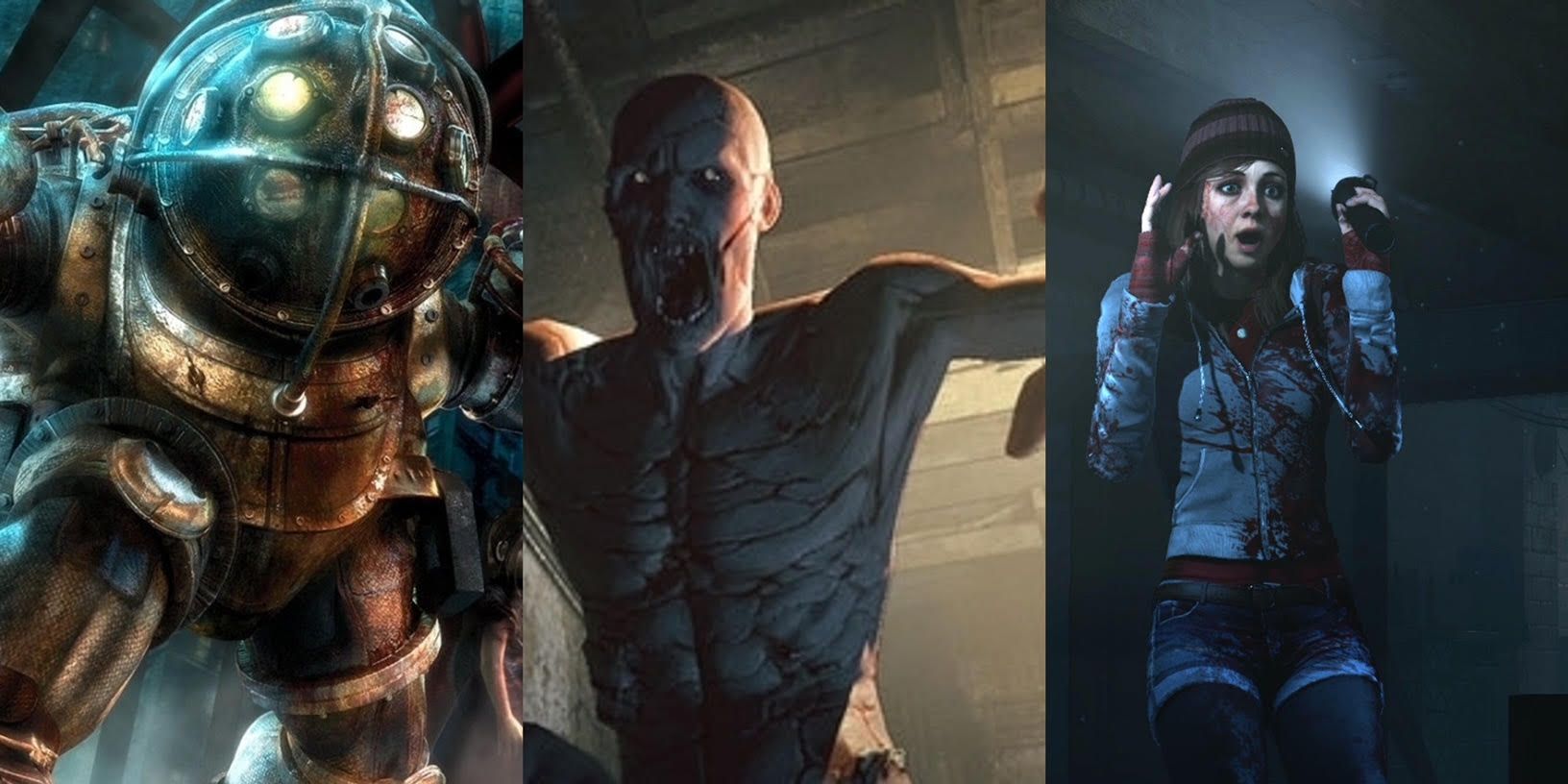 Horror Mystery Games: BioShock (left), Outlast (middle), Until Dawn (right)