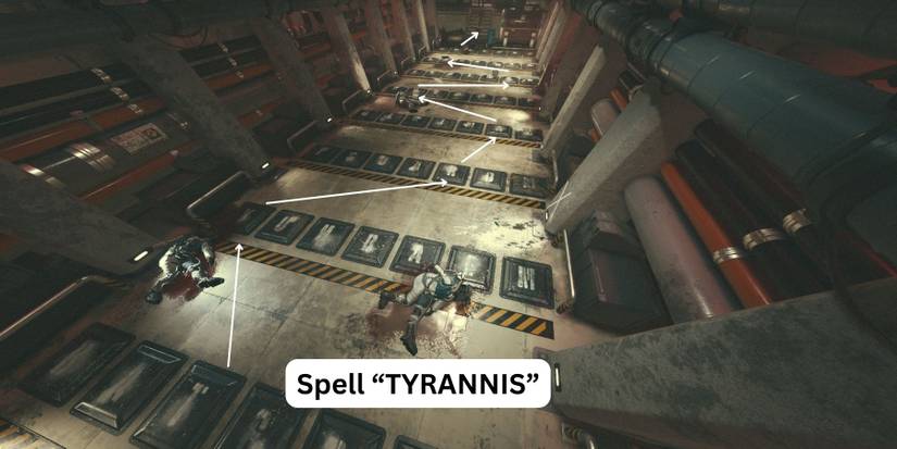 image showing the mantis corridor puzzle solution, the code is tyrannis. 