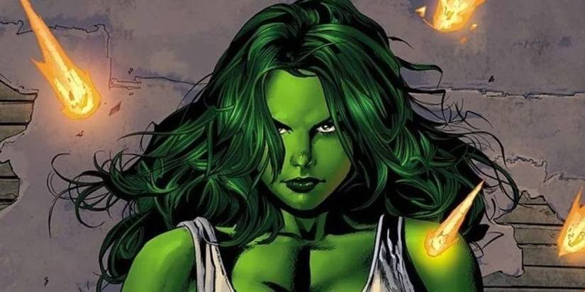 An image of Jennifer Walters from She-Hulk Series with fragments of fire falling over her