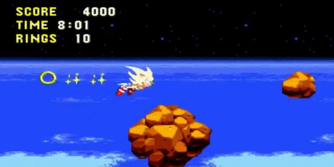 Super Sonic gliding through the asteroid field to catch Eggman's ship