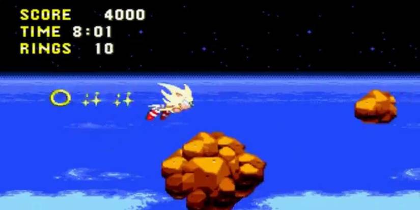 Super Sonic gliding through the asteroid field to catch Eggman's ship