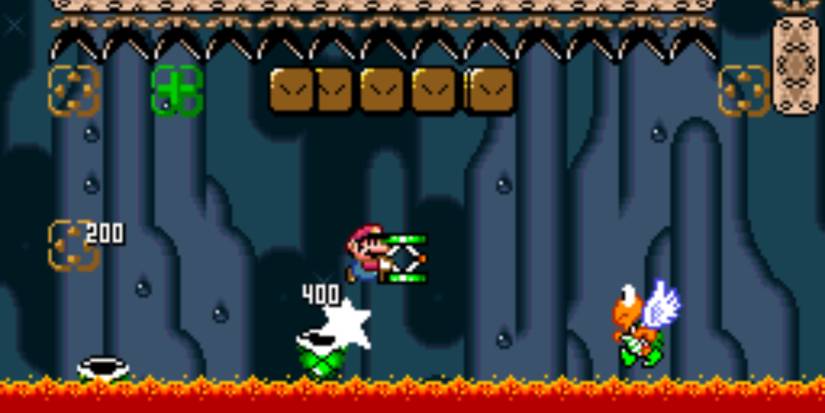 Mario holding a spring while bouncing on a Koopa shell over lava