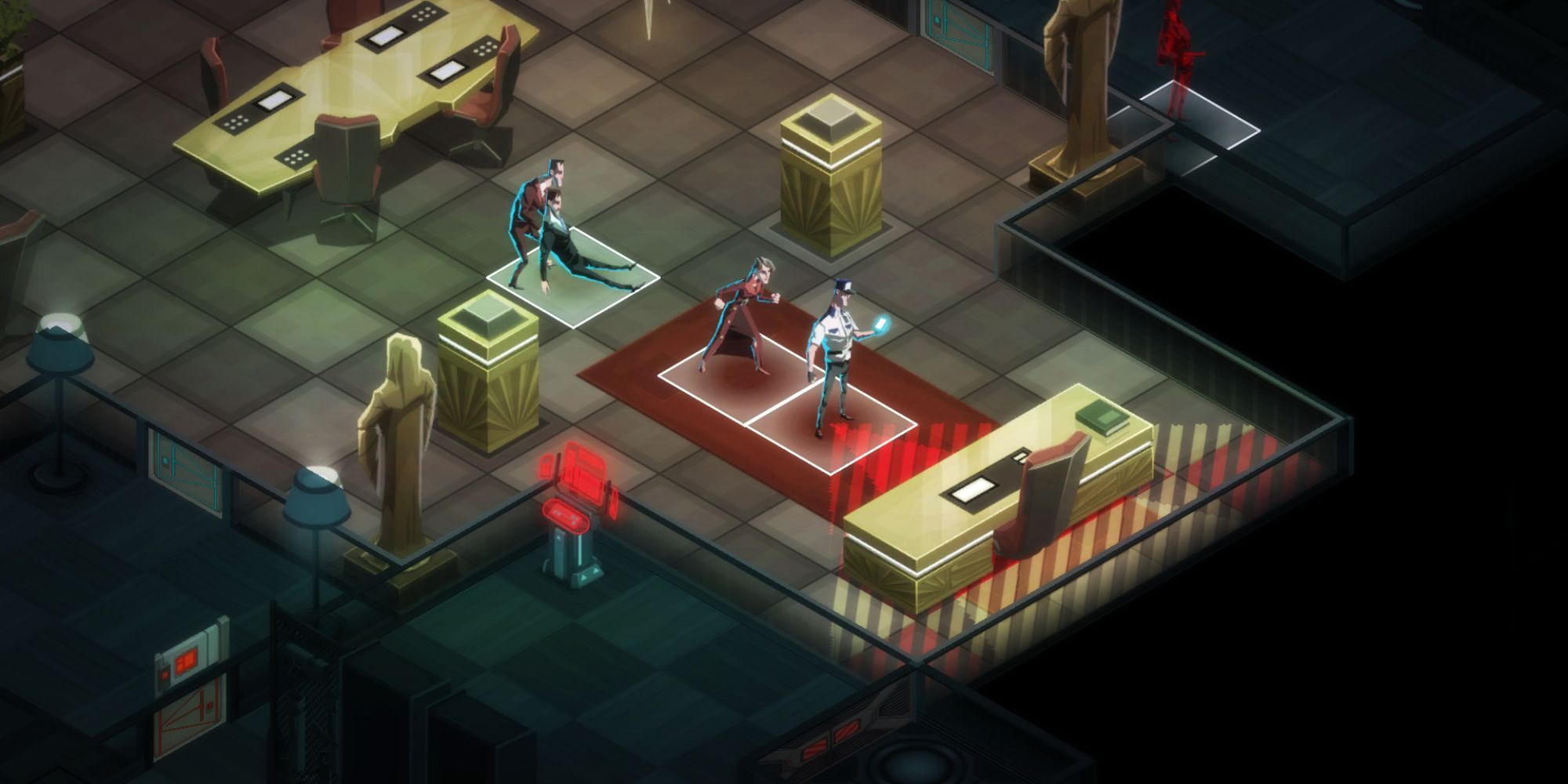 Four characters in Invisible Inc, one of them is looking at a computer with another behind them, meanwhile another drags a person