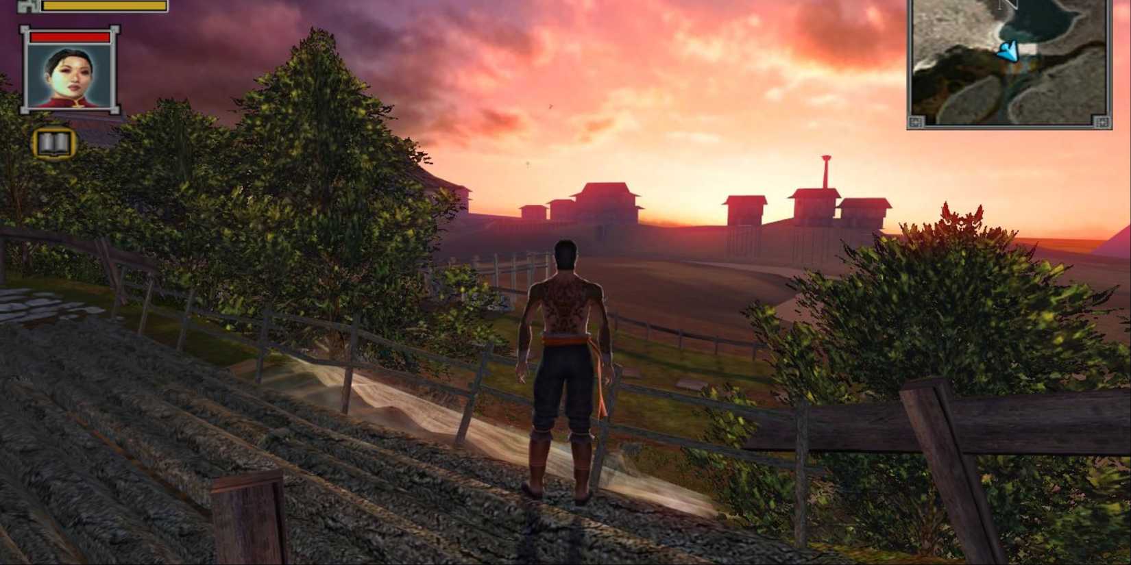 Jade Empire character overlooks land as sun sets in distance