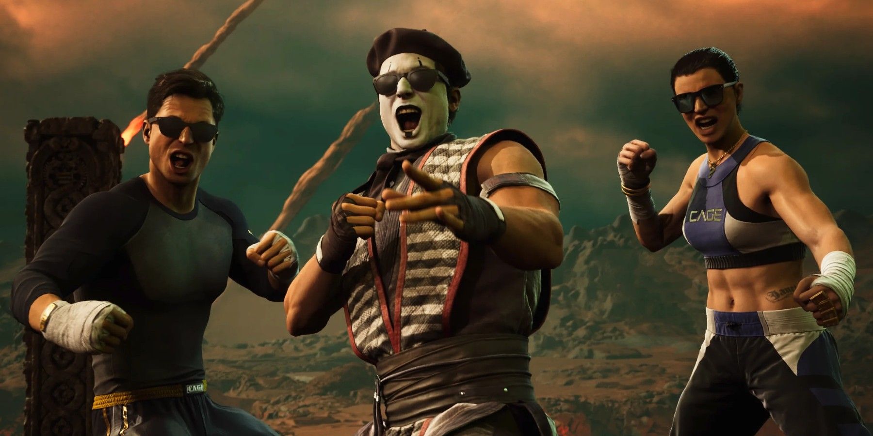 Mortal Kombat 1 cutscene with multiple versions of Johnny Cage including Janet Cage