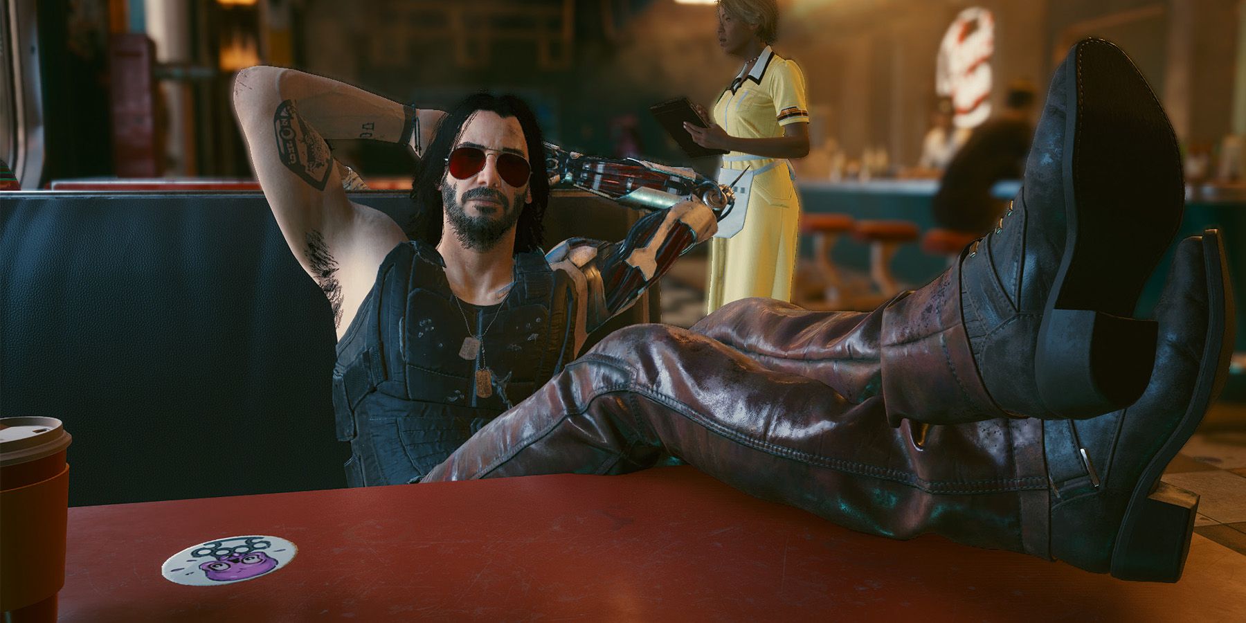 Johnny Silverhand with his legs on a table in Cyberpunk 2077