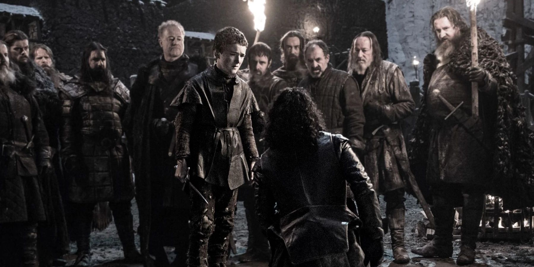 Jon is stabbed by the Night's Watch traitors in Game of Thrones.