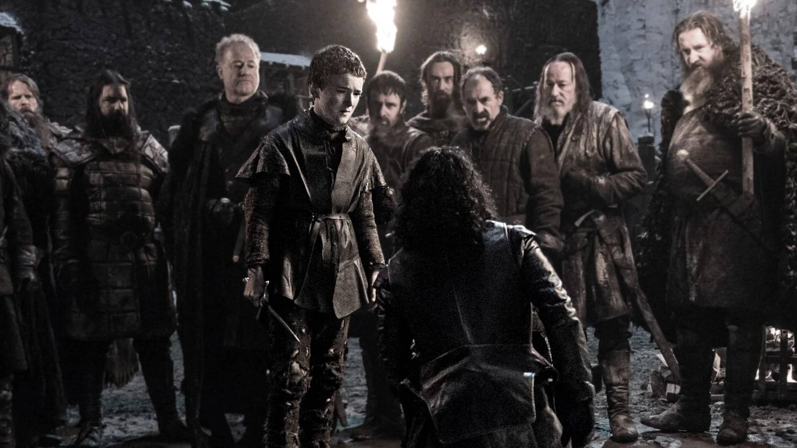 Jon is stabbed by the Night's Watch traitors in Game of Thrones.