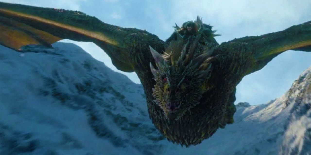 Jon riding Rhaegal in Game of Thrones