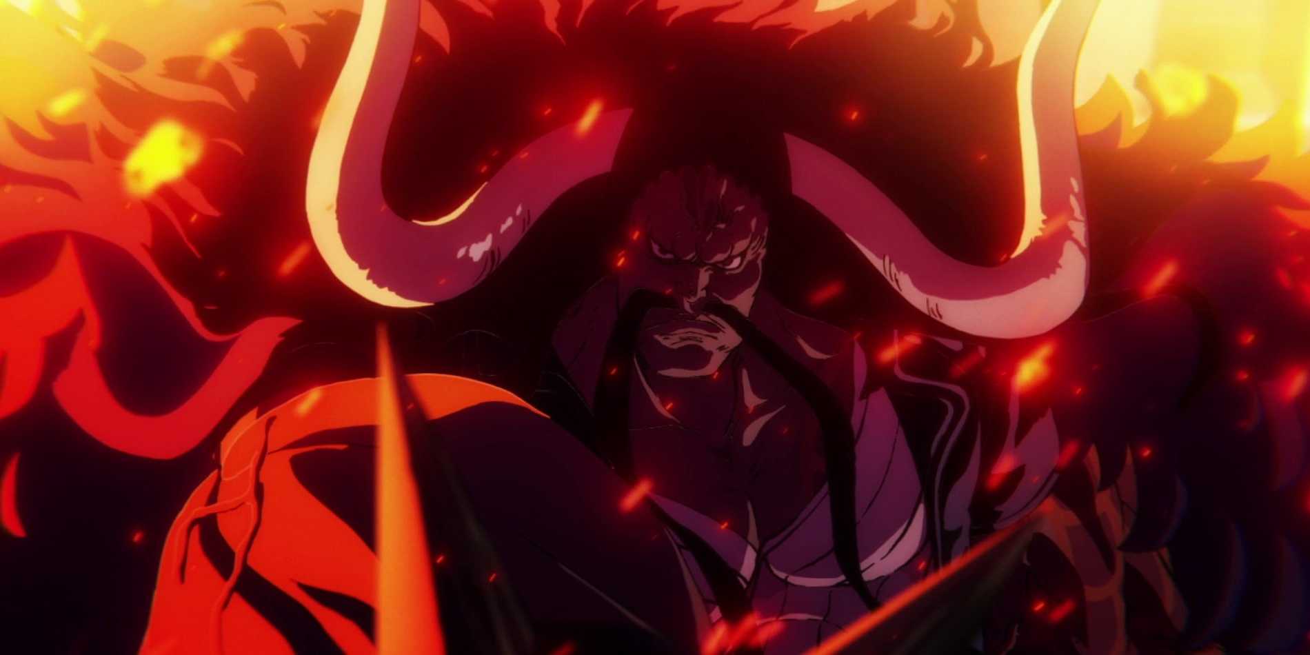 Kaido walks through fire during the Onigashima Raid in One Piece.