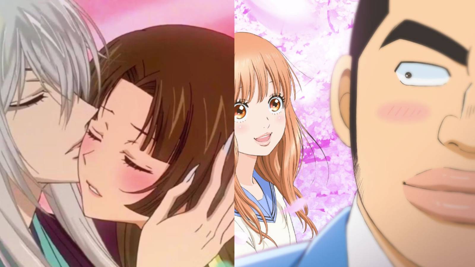 A white haired man kissed a brunette girls, a red haired girl looks towards a man with this eyebrows and a big face