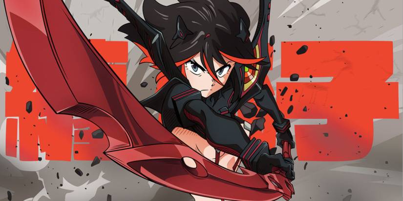 a girl with black hair wields half a giant scissor