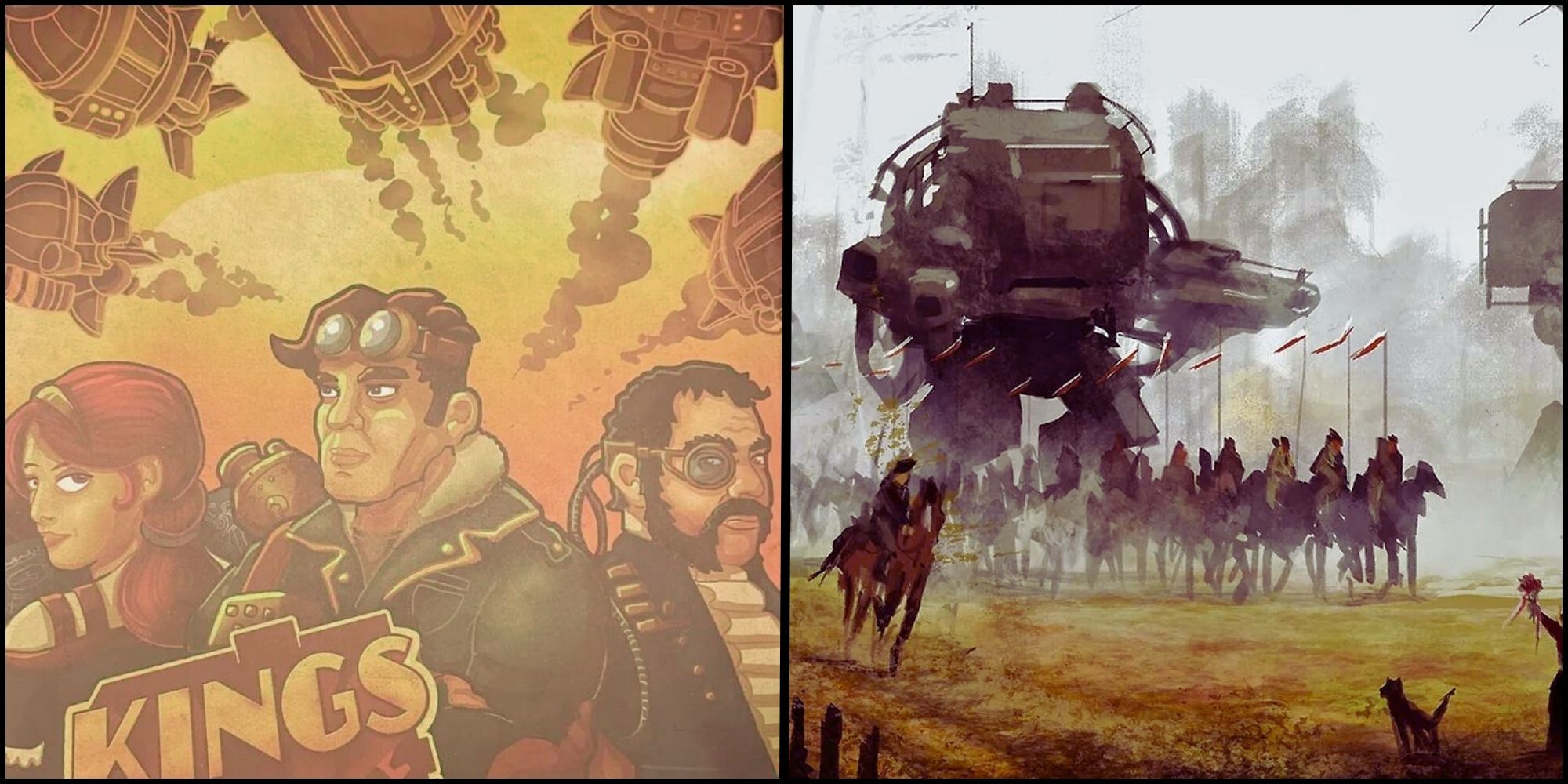 A picture of the cover of Kings Of Air And Steam next to cinematic picture of Scythe