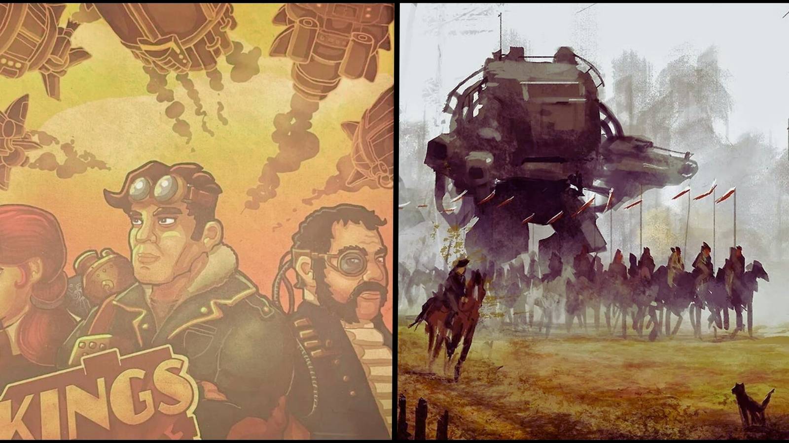 A picture of the cover of Kings Of Air And Steam next to cinematic picture of Scythe