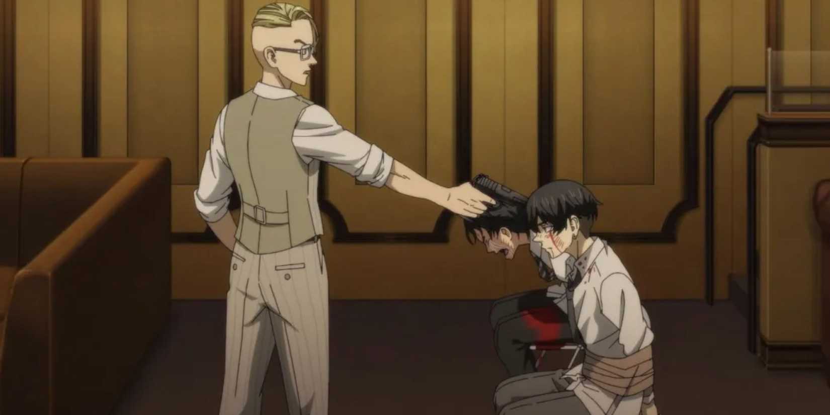 a man points a gun at  two men tied to chairs