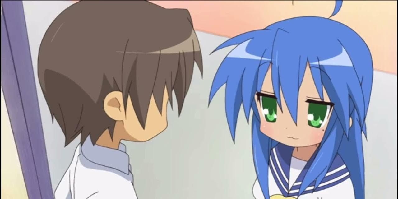 Konata Izumi looking sad while in a conversation with a character