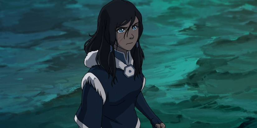 Avatar korra standing by the river suited in her water tribe uniform.
