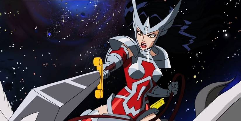 An Image of Lady Sif on her carrier, also pointing her sword towards an enemy