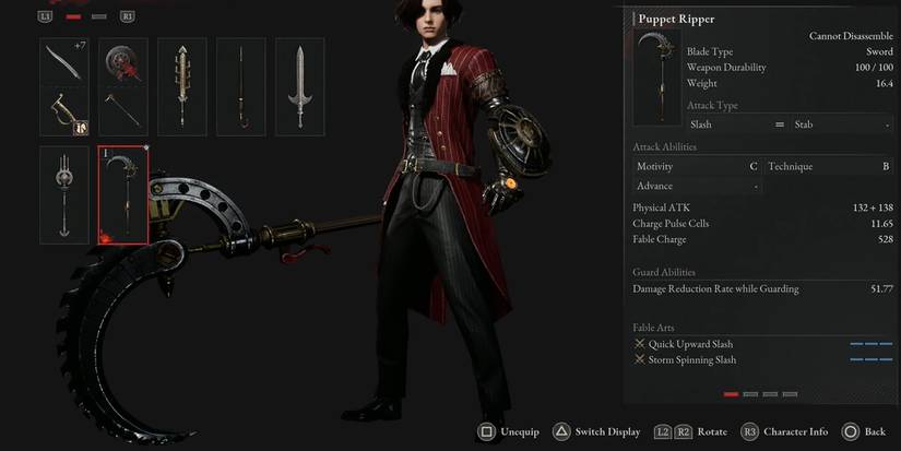 Lies of P - Pinocchio Equipping Puppet Ripper In Weapons Menu