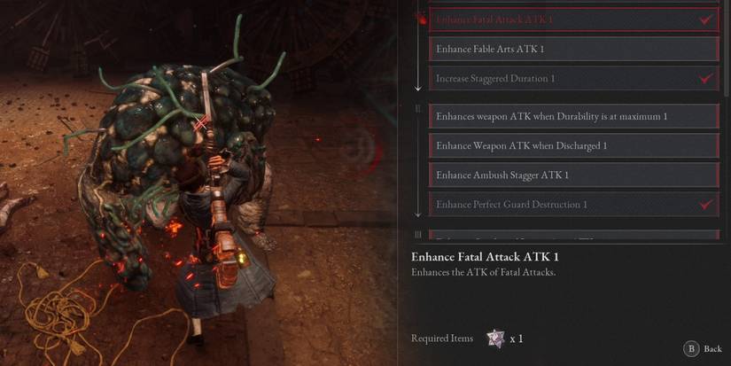 Lies of P - Player Using A Fatal Attack Next To Image Of Fatal Attack Buff In P Organ Upgrades