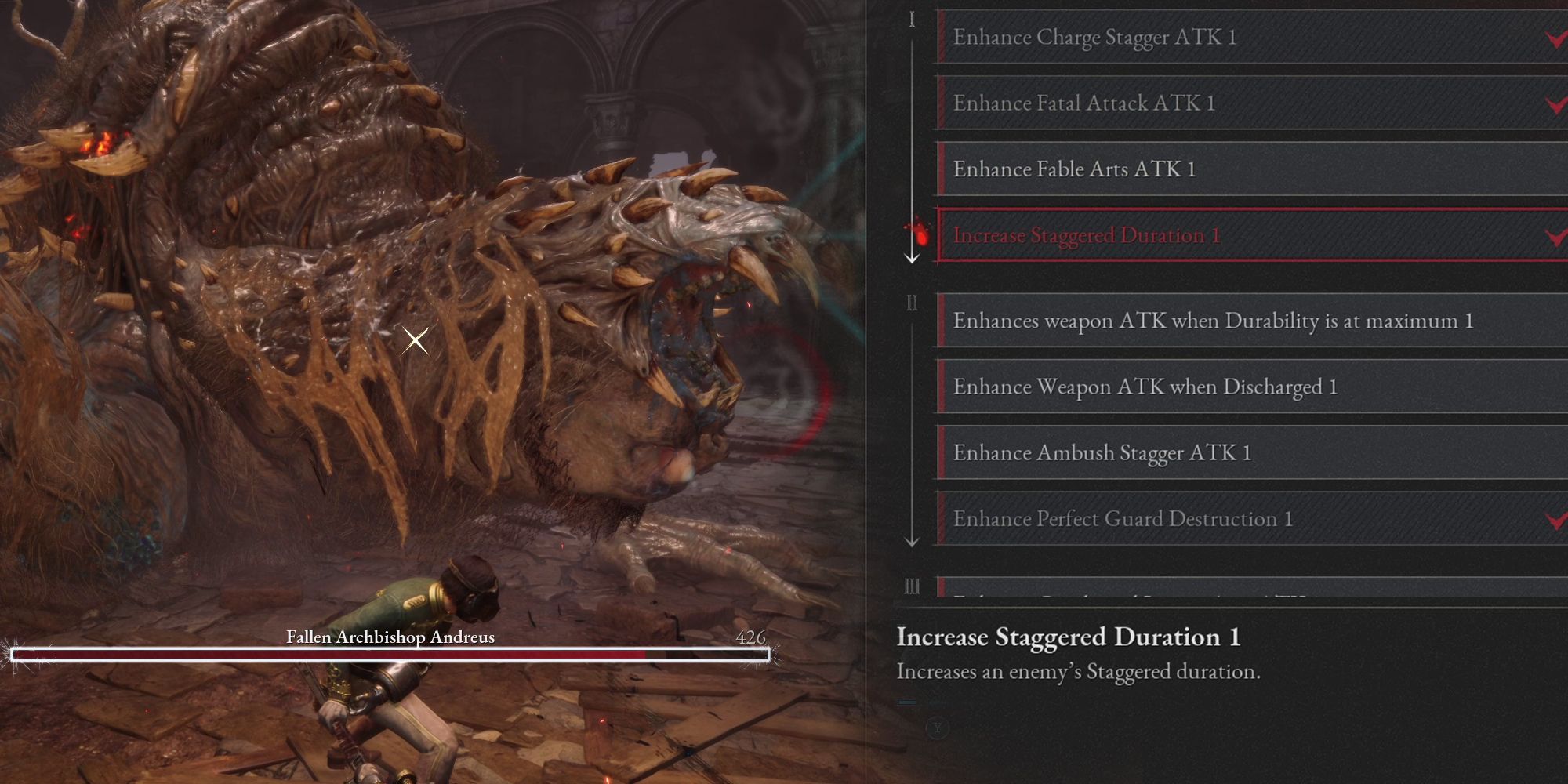 Lies of P - Staggered Duration Ability Increase Next To Image Of Staggerable Boss