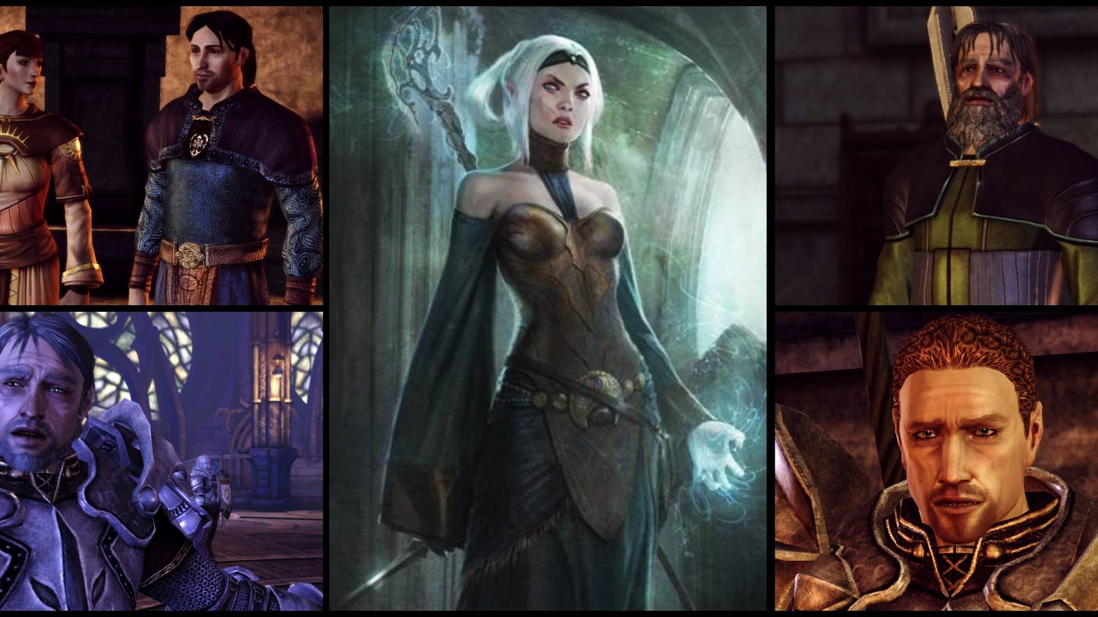 Lily, Jowan, Greagoir, Irving, Cullen, and the Magi origin concept art