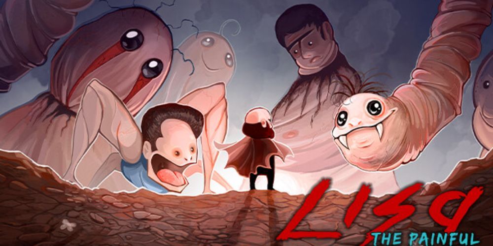 Lisa The Painful game cover, with the protagonist standing small but brave before a collection of desert monsters and mutants