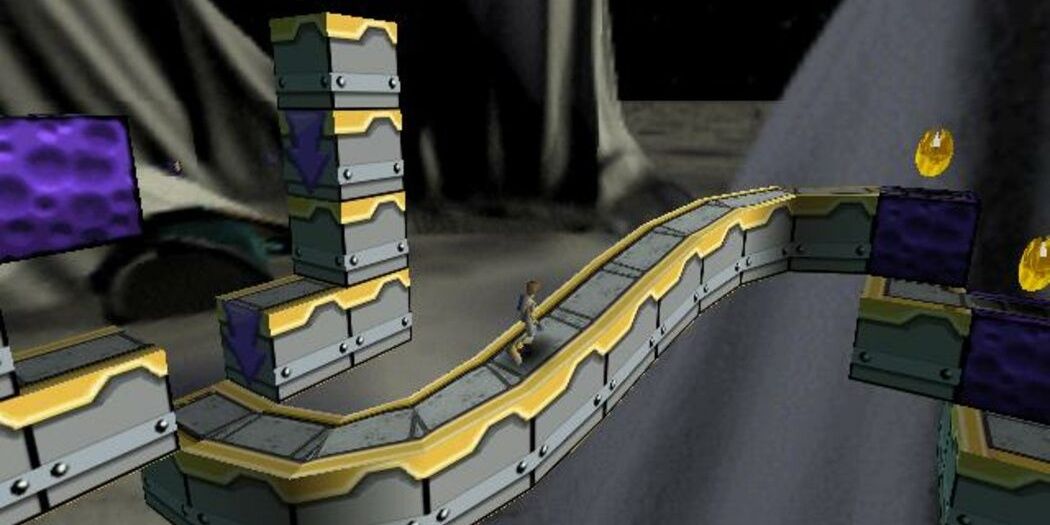 Jake Peril walking across a curvy platform in Lode Runner 3D