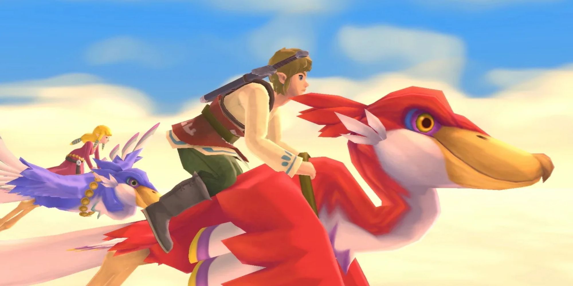 Link and Zelda riding Loftwings in Skyward Sword
