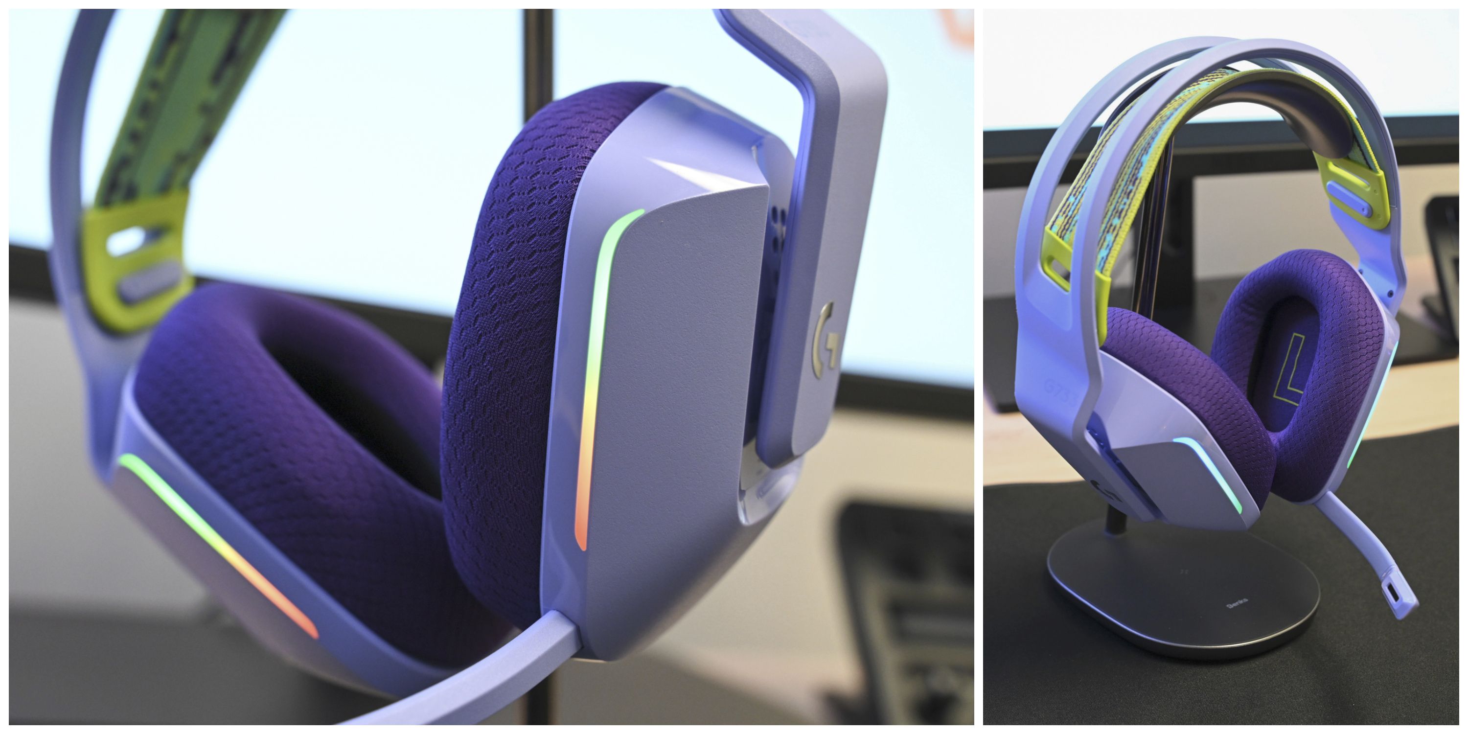 Logitech G733 headset on a stand with RGB lights on the front close up and wide