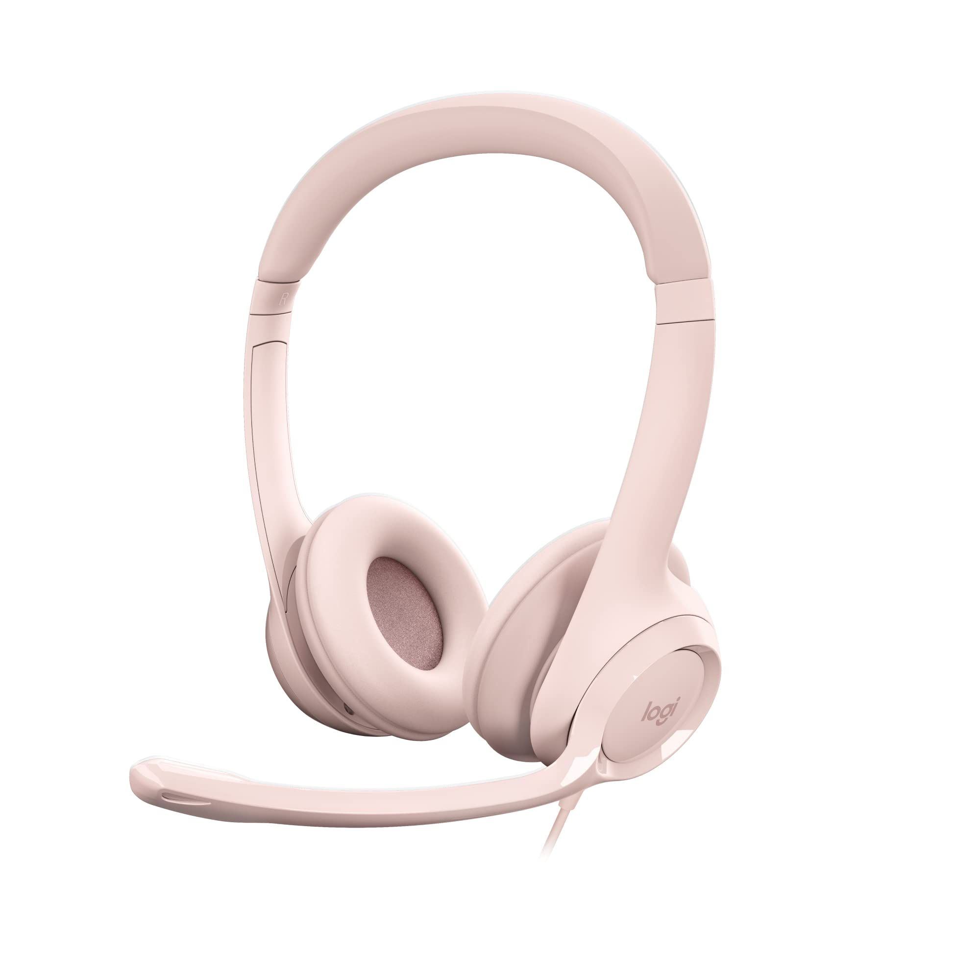 A picture of a pink Logitech H390 Wired Headset for PC