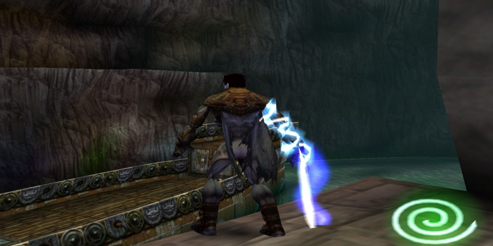 Raziel stands with energy enveloping his right arm looking at a row boat on a river