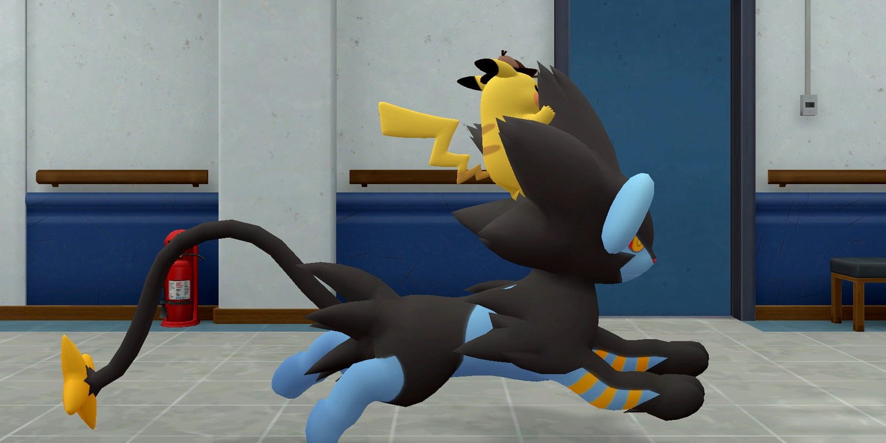 detective pikachu returns -- detective pikachu riding on the back of a luxray