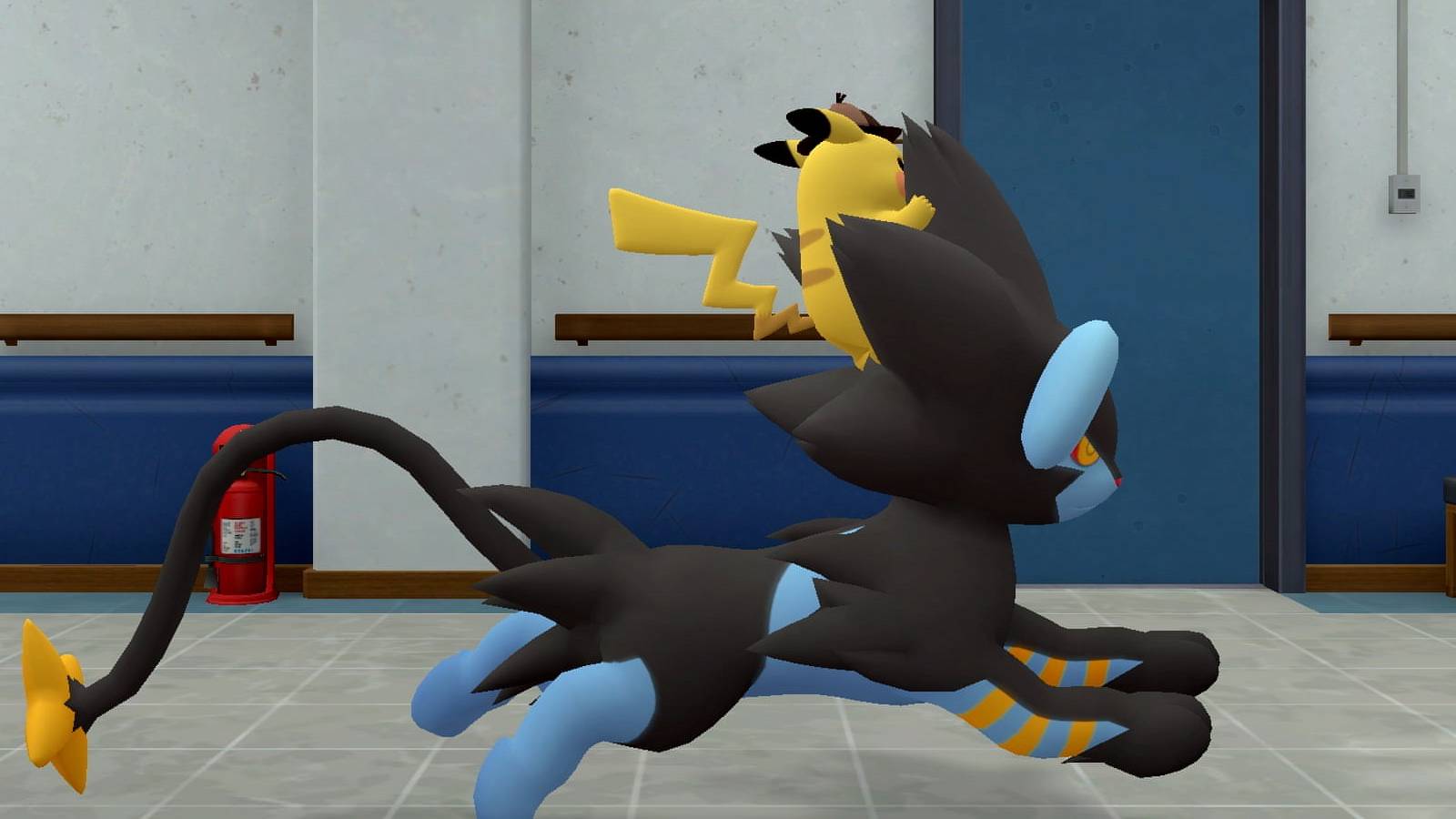 detective pikachu returns -- detective pikachu riding on the back of a luxray